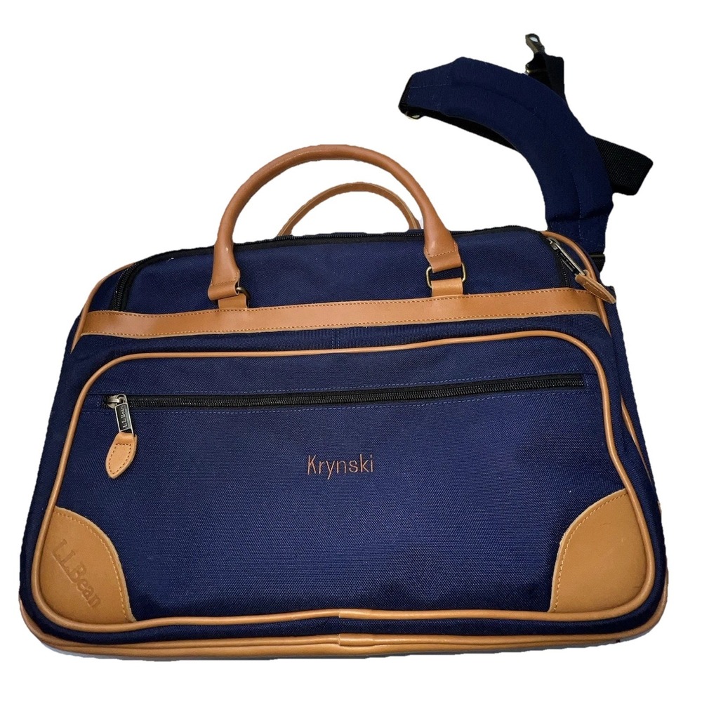 LL Bean Navy Canvas/Leather Messenger Sling Bag Embroidered "Krynski"